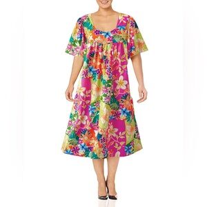 *Vintage* NATIONAL Hawaiian Womens Floral Cotton House Dress Mumu Pockets SIZE S